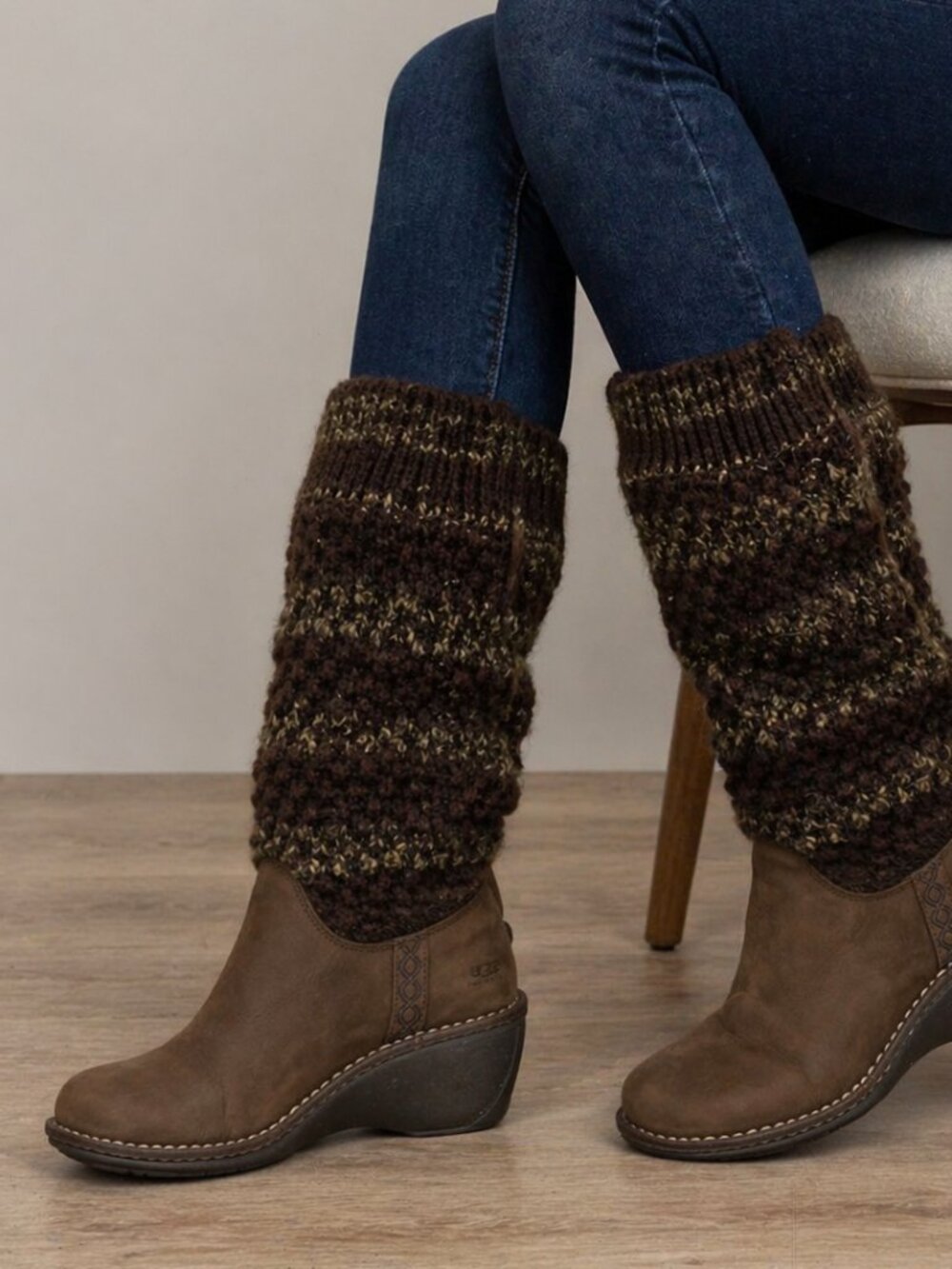 UGG Australia Cresthaven 1938 W/Esp Wedge Boots – Brown Suede Knit Cuff – Women’